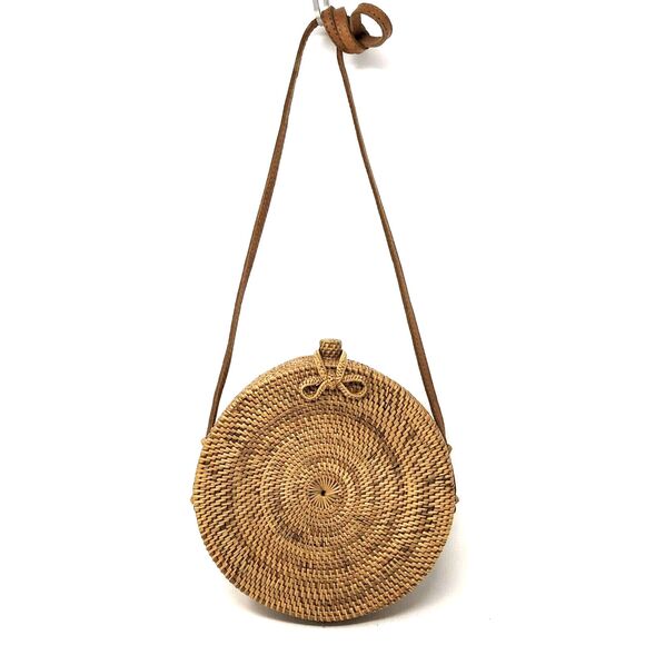 Handcrafted Rattan Round Crossbody Bag Boho Woven Leather Strap Euro Summer - Picture 1 of 15